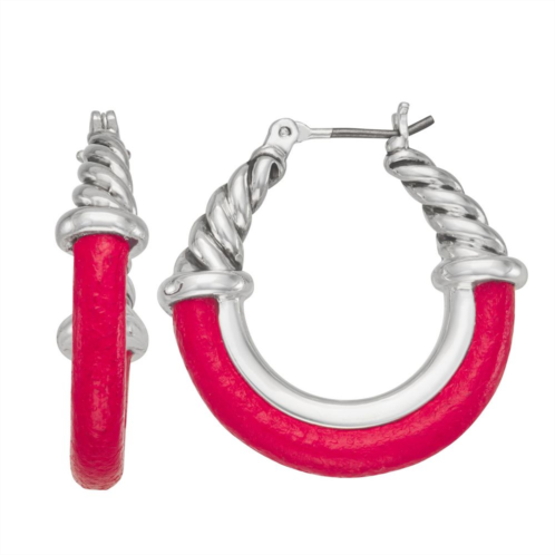Napier Silver Tone Red Leather Hoop Earrings
