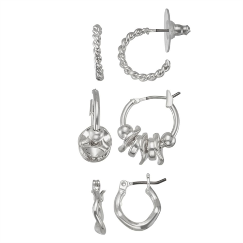 Napier Silver Tone Textural & Sculptural Hoop Earrings Trio Set