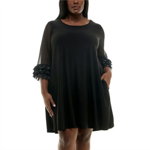 Plus Size Nina Leonard Mesh Ruffle Sleeve Mini Trapeze Dress