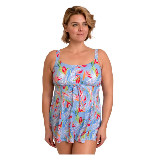 Plus Size Fit 4 U Tropical Floral Print Sweetheart Neck Swim Dress