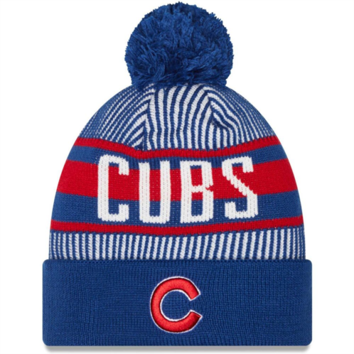 Mens New Era Royal Chicago Cubs Striped Cuffed Knit Hat with Pom