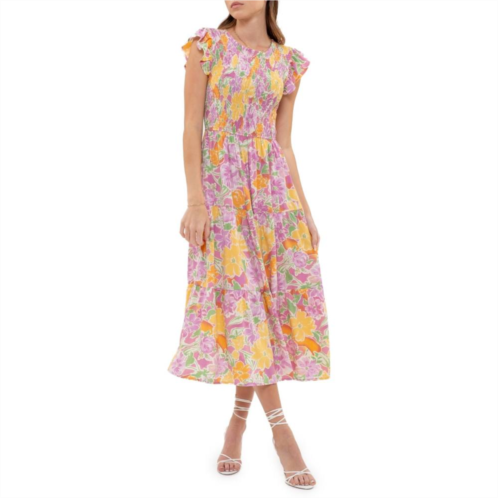 August Sky Womens Short Flutter Sleeves Tiered Floral Midi Dress