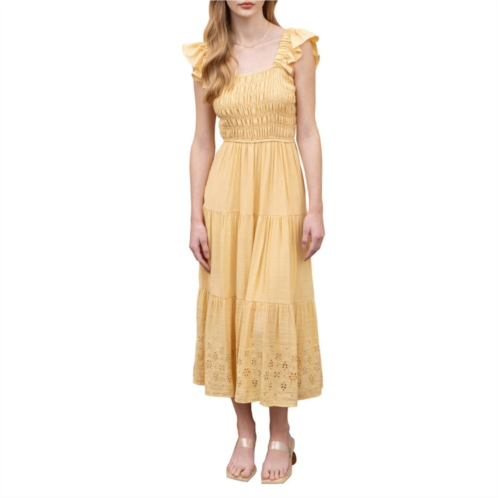 August Sky Womens Eyelet Ruched Tiered Midi Dress
