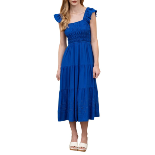 August Sky Womens Eyelet Ruched Tiered Midi Dress