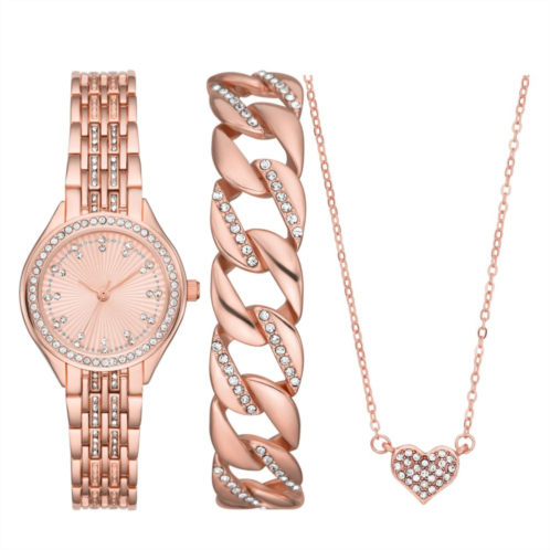 Folio Womens Rose Gold Tone Watch, Bracelet & Heart Necklace Set