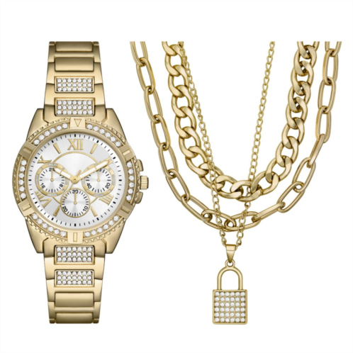 Folio Womens Gold Tone Watch & Lock Necklace Set
