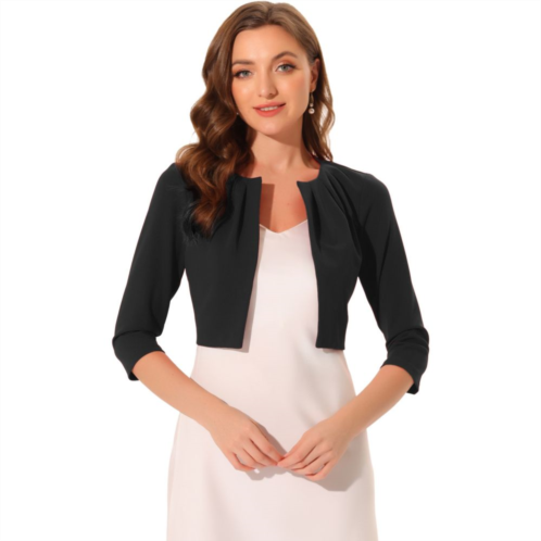 ALLEGRA K 3/4 Sleeve Shrug Top For Women Collarless Pleated Open Front Cropped Cardigan