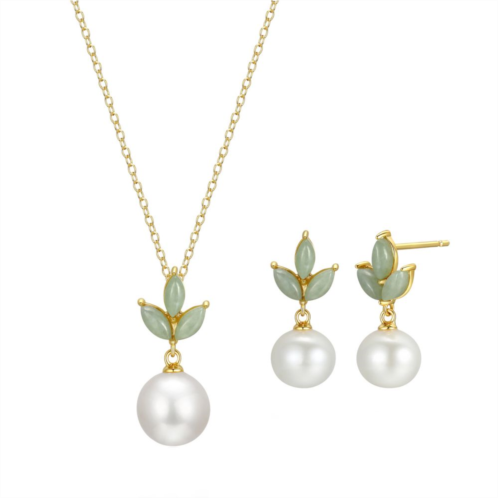 Unbranded 18K Gold Plated Silver Genuine Pearl and Jade Earring and Necklace Set
