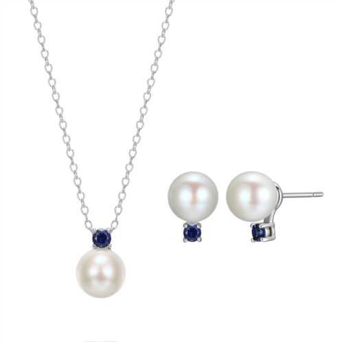 Unbranded Rhodium Over Silver Cultured Freshwater Pearl and Created Blue Sapphire Earring and Pendant Set