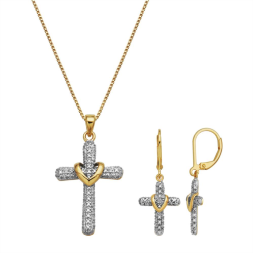 Unbranded 18K Gold Over Sterling Silver Diamond Accent Cross Earrings and Pendant Necklace Set