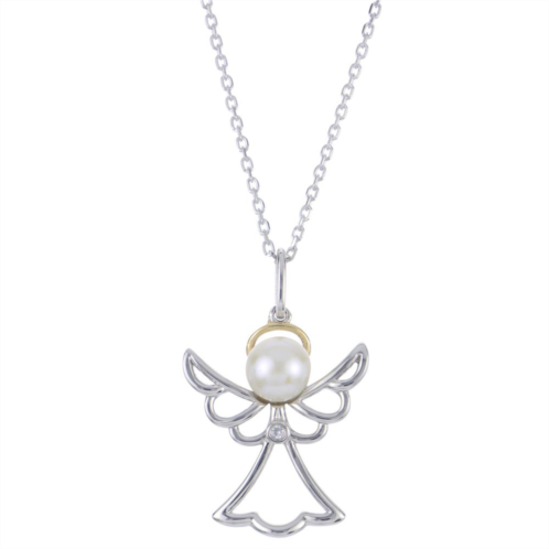 PearLustre by Imperial Two Tone Sterling Silver Freshwater Cultured Pearl & Diamond Accent Angel Pendant Necklace