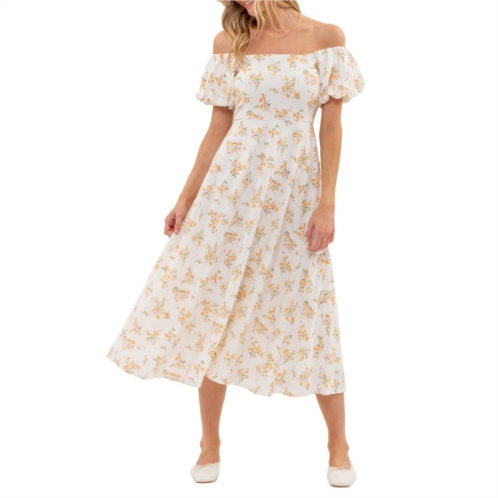 August Sky Womens Floral Off Shoulder Side Split Midi Dress