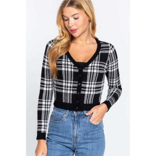 FASHNZFAB Long Sleeve V-neck Fitted Button Down Plaid Sweater Cardigan