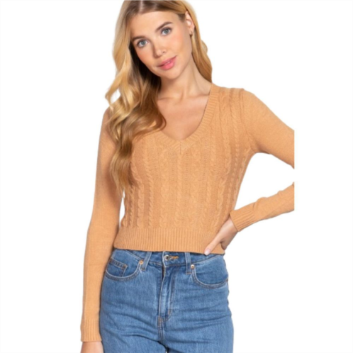 FASHNZFAB Long Sleeve V-neck Cable Sweater - S - Honeycomb