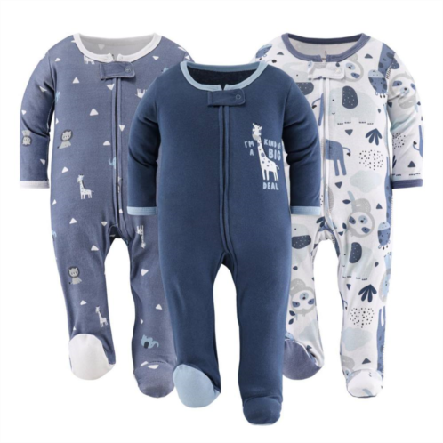 The Peanutshell Blue Safari Footed Baby Sleepers For Boys, 3-pack