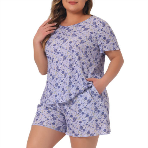 Agnes Orinda Plus Size Pajamas Set For Women Short Sleeve Top With Shorts Floral Printed Soft Lounge Sleepwear