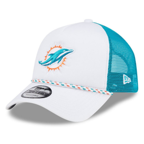Mens New Era White/Aqua Miami Dolphins Court Sport Foam Front A-Frame 9FORTY Adjustable Trucker Hat