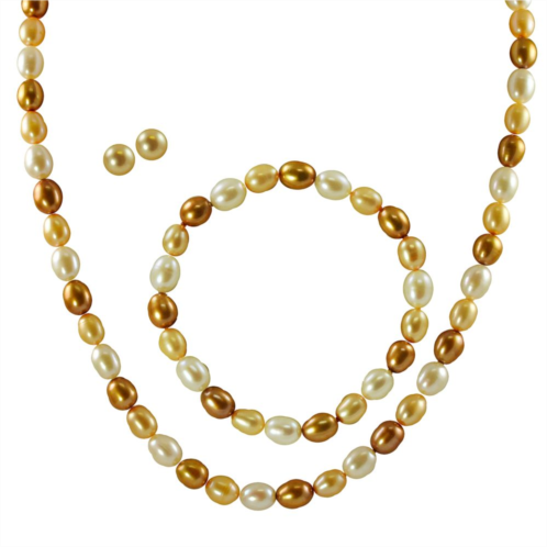 Unbranded 14k Gold Dyed Freshwater Cultured Pearl Necklace, Stretch Bracelet and Stud Earring Set