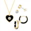 Royal Aura Heart Gold Tone Crystal & Black Enamel Heart Necklace, Huggie Earrings, & Stud Earrings Set