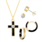 Royal Aura Gold Tone Black Enamel & Crystal Cross Pendant Necklace, Huggie Earrings, & Stud Earrings Set