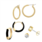 Royal Aura Black Enamel & Gold Tone Hoop & Stud Earring Trio Set