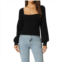 Seta T Womens 2023 Bishop Long Sleeve Square Neck Stretch Ribbed Knit Slim Fit Solid Crop Sweater Top