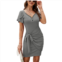 MISSKY Womens 2023 Summer Short Sleeve T Shirt Dress Casual V Neck Ruched Bodycon Tie Waist Mini Dresses