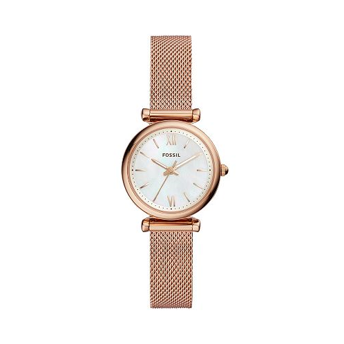 Fossil Womens Mini Carlie Rose Gold-Tone Stainless Steel Mesh Bracelet Watch 28mm