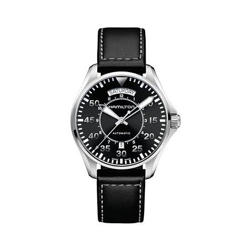 Hamilton Mens Swiss Automatic Khaki Pilot Black Leather Strap Watch 42mm