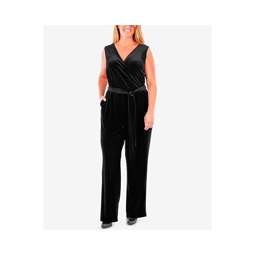 NY Collection Plus Size Sleeveless Faux-Wrap Velvet Jumpsuit