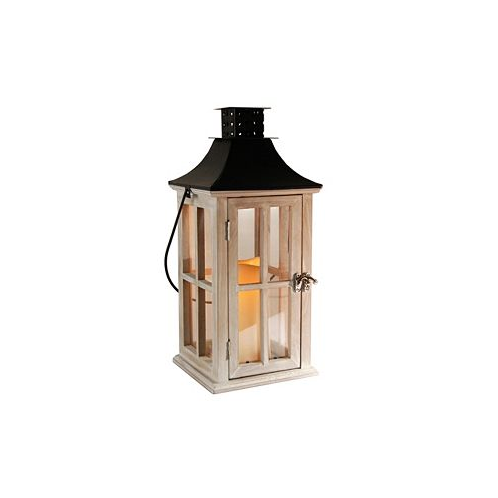 JH Specialties Inc/Lumabase Lumabase White Washed Wooden Lantern with Black Roof and LED Candle