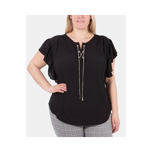 NY Collection Plus Size Lace-Up Flutter-Sleeve Top