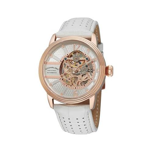 Stuhrling Stainless Steel Rose Tone Case on White Perforated Alligator Embossed Genuine Leather Strap with Gray Contrast Stitching Silver Skeletonized Dial with Rose Tone Accents