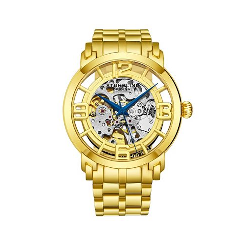 Stuhrling Stainless Steel Gold Tone Case on Stainless Steel Link Bracelet Gold Tone Dial with Blue Accents