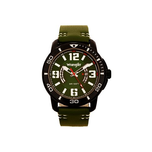 Wrangler Mens Watch 48MM IP Black Case with White Printed Arabic Numerals on Outer Black Bezel Black Dial with Dual Crescent Windows Date Function Green Strap with White Accent Stitch Analo