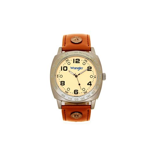 Wrangler Mens Watch 44MM IP Grey Cushion Shaped Case Beige Dial with Black Arabic Numerals Brown Strap Rivets Second Hand