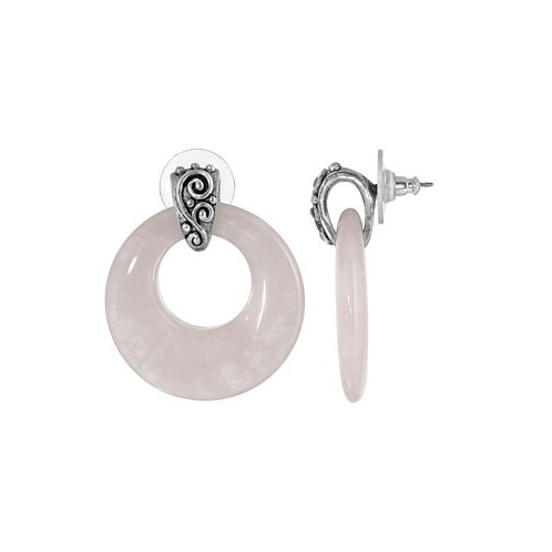 2028 Pewter Semi Precious Round Rose Quarts Hoop Earrings