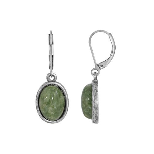 2028 Silver-Tone Semi Precious Jade Oval Drop Earrings