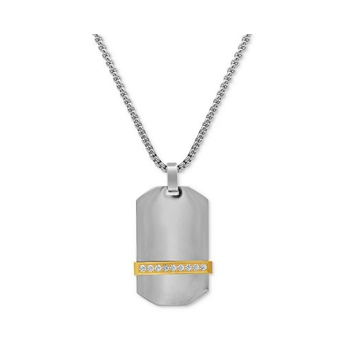 Blackjack Mens Cubic Zirconia Dog Tag 24 Pendant Necklace in Stainless Steel & Yellow Ion-Plate