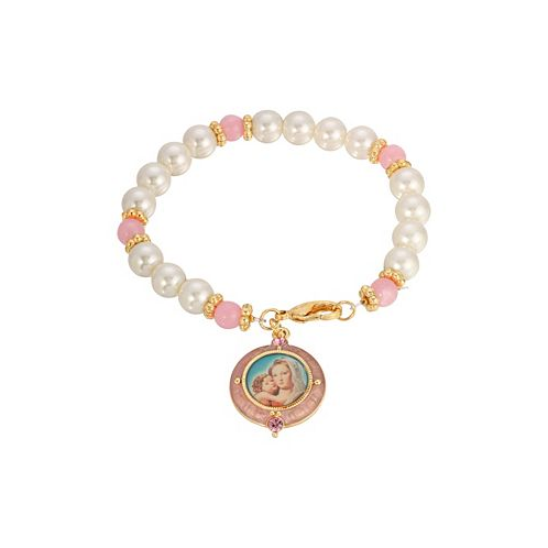 Symbols of Faith 14K Gold-Dipped Imitation Pearl Mary and Child Image Charm Bracelet