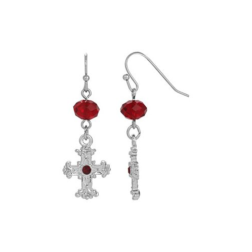 Symbols of Faith Silver-Tone Red Crystal Cross Drop Earrings