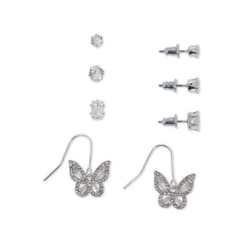 Macys 4-Pc. Set Cubic Zirconia Stud & Butterfly Drop Earrings in Silver Plate