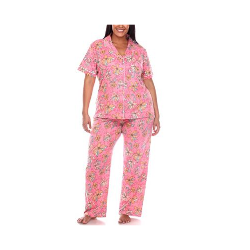 White Mark Plus Size Short Sleeve Pants Tropical Pajama Set 2-Piece