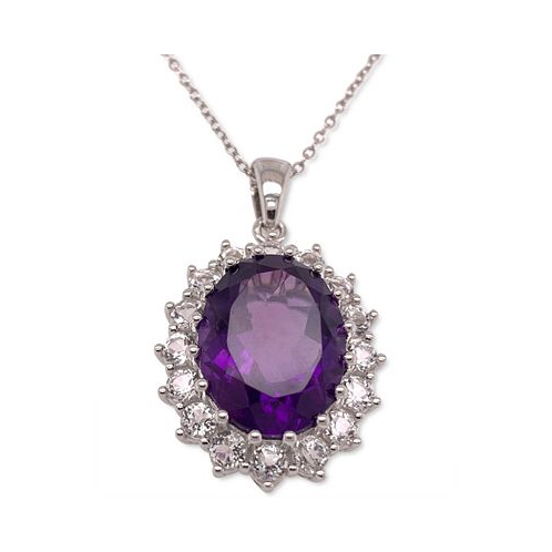 Macys Amethyst (10 ct. t.w.) & White Topaz (2 ct. t.w.) Oval Halo 18 Pendant Necklace in Sterling Silver (Also in Mystic Quartz & Green Amethyst)