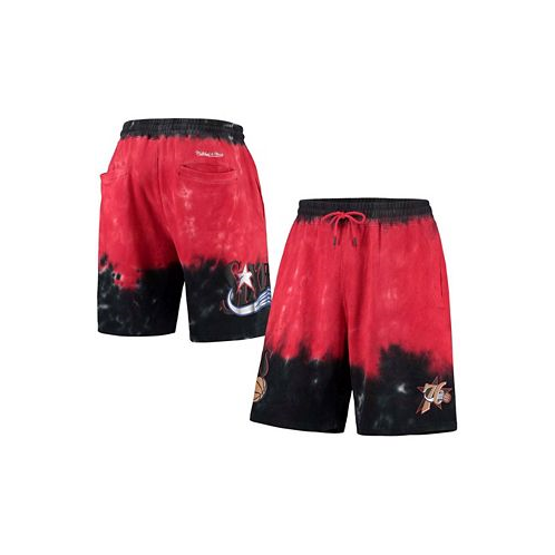Mitchell & Ness Mens Black Red Philadelphia 76ers Hardwood Classics Terry Tie-Dye Shorts