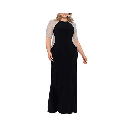 XSCAPE Plus Size Mixed-Media Rhinestone-Embellished Gown