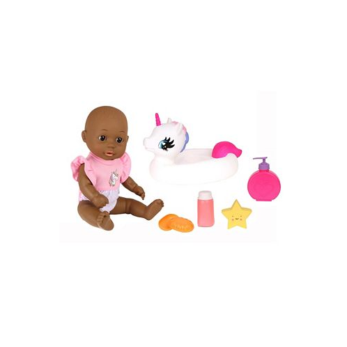 CDX BLOCKS Dream Collection Bath Time 12 Toy Baby Doll with Unicorn Floaty - African American In Gift Box 6 Piece