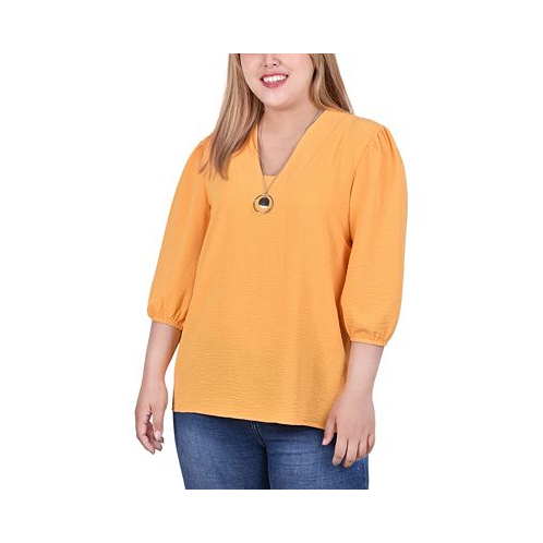NY Collection Plus Size 3/4 Puff Sleeve Top with Detachable Necklace