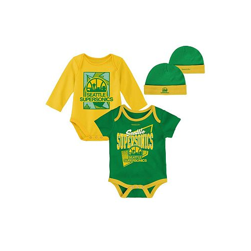Mitchell & Ness Infant Boys and Girls Green Gold Seattle SuperSonics Hardwood Classics Bodysuits and Cuffed Knit Hat Set