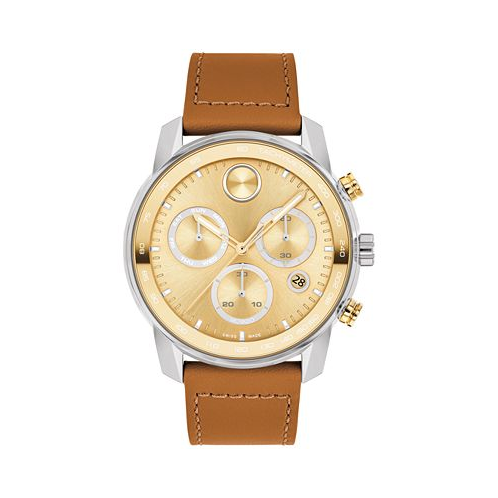 Movado Mens Swiss Chronograph Bold Verso Brown Leather Strap Watch 44mm